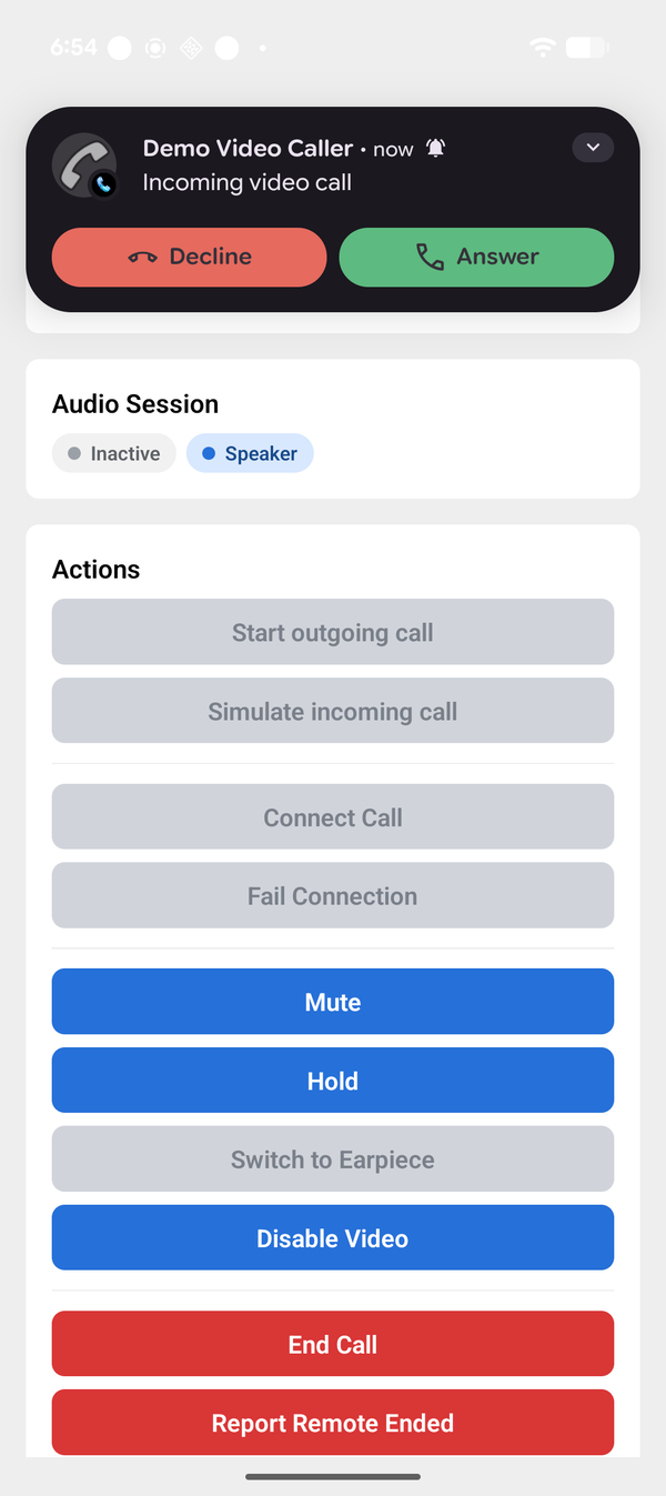 Incoming (banner) on Android — expo-callkit-telecom demo