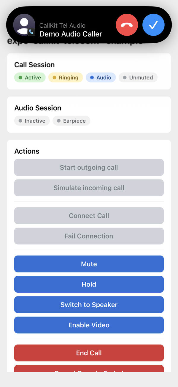 Incoming (banner) on iOS — expo-callkit-telecom demo