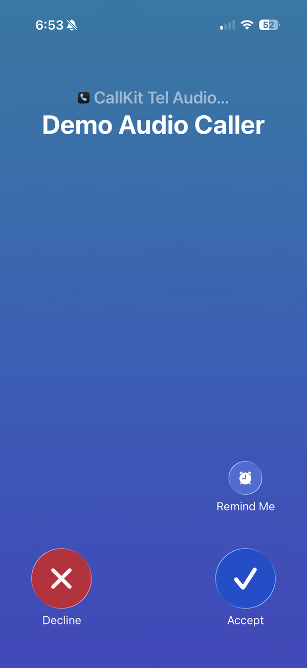 Incoming (full screen) on iOS — expo-callkit-telecom demo